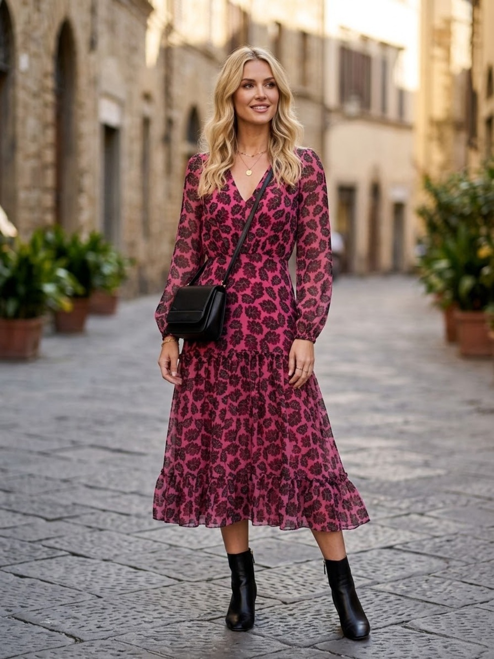 SALONI Lea Silk Wrap Midi Dress Pink Black Leaf Print Long Sleeve V-Neck US 4 UK